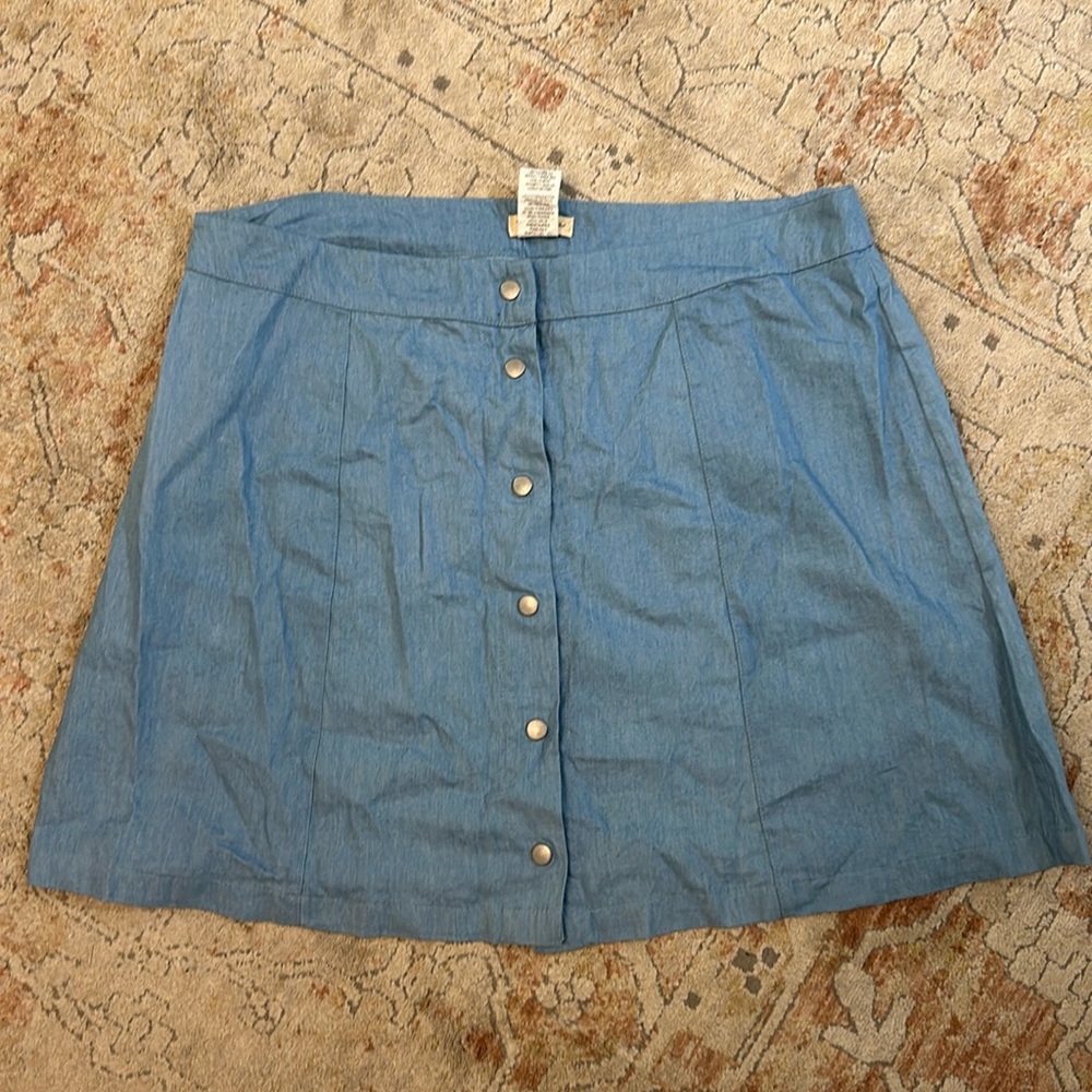 Lily white: denim button-down, mini skirt